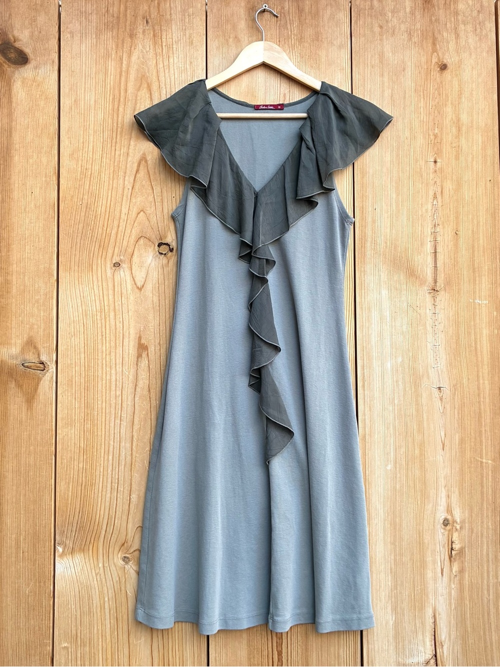 Barbara Lesser V-Neck Gray Green Midi Dress Sz Small